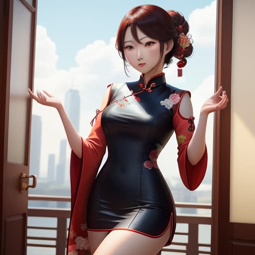  Hot anime with perfect round s wearing a tight cheongsam, masterpieces, top quality, best quality, official art, beautiful and aesthetic, realistic, 4K, 8K