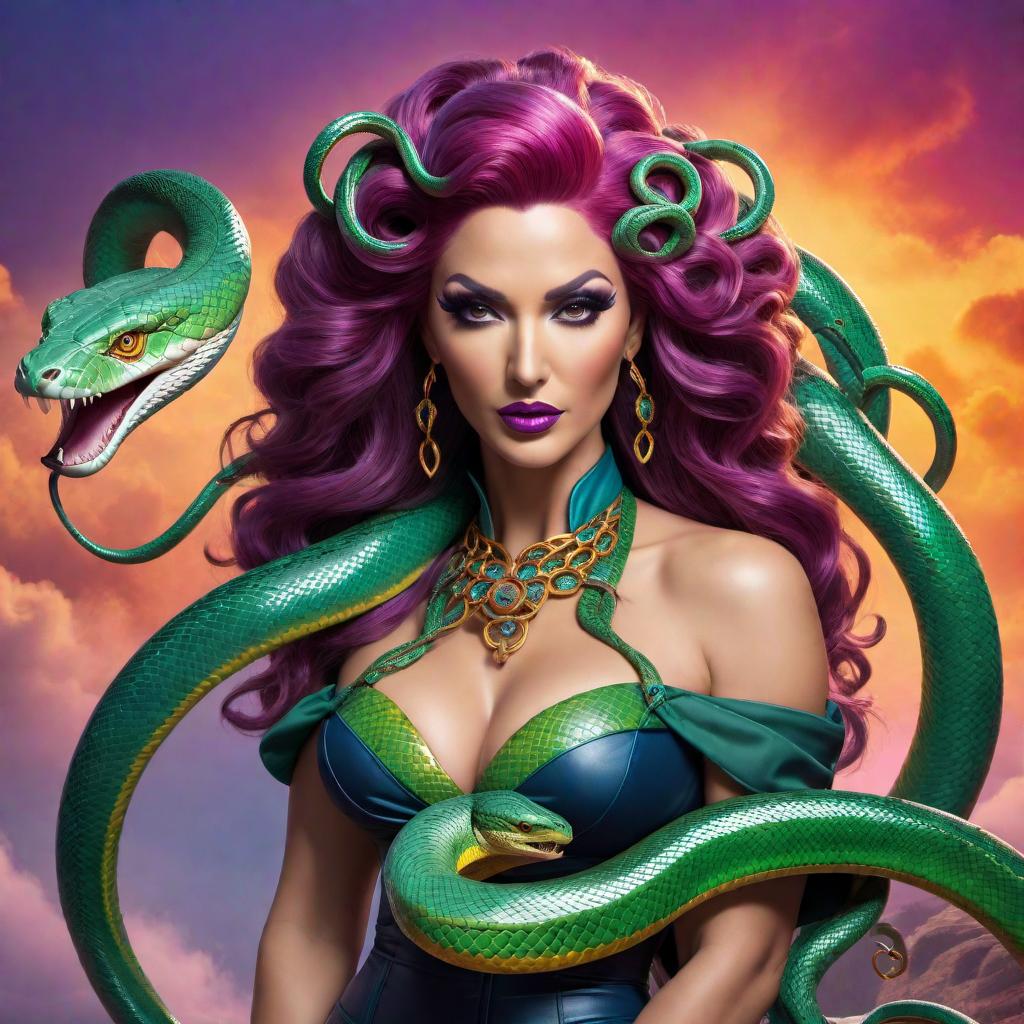  A full-body picture of Medusa in a pinup style pose with snakes in her hair. The scene should have a rainbow theme, incorporating vibrant colors and elements that represent a rainbow throughout the image. hyperrealistic, full body, detailed clothing, highly detailed, cinematic lighting, stunningly beautiful, intricate, sharp focus, f/1. 8, 85mm, (centered image composition), (professionally color graded), ((bright soft diffused light)), volumetric fog, trending on instagram, trending on tumblr, HDR 4K, 8K