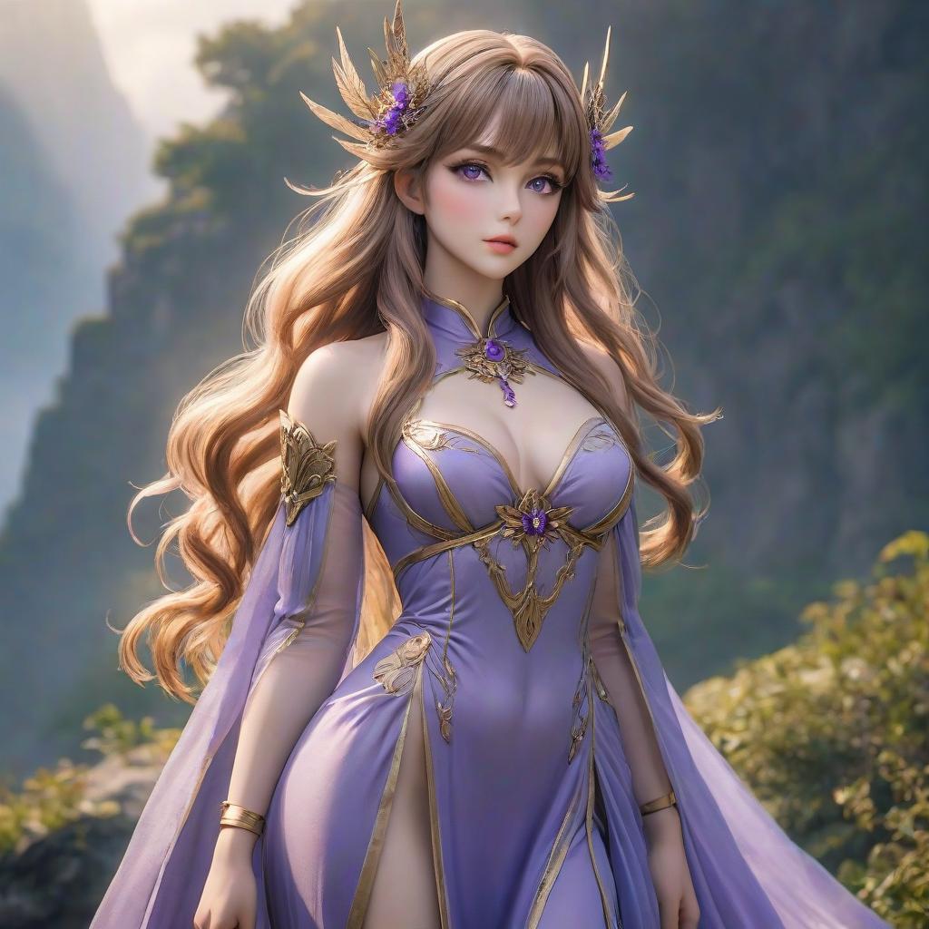  The goddess of beauty and femininity. Light brown hair, slim body, purple eyes hyperrealistic, full body, detailed clothing, highly detailed, cinematic lighting, stunningly beautiful, intricate, sharp focus, f/1. 8, 85mm, (centered image composition), (professionally color graded), ((bright soft diffused light)), volumetric fog, trending on instagram, trending on tumblr, HDR 4K, 8K