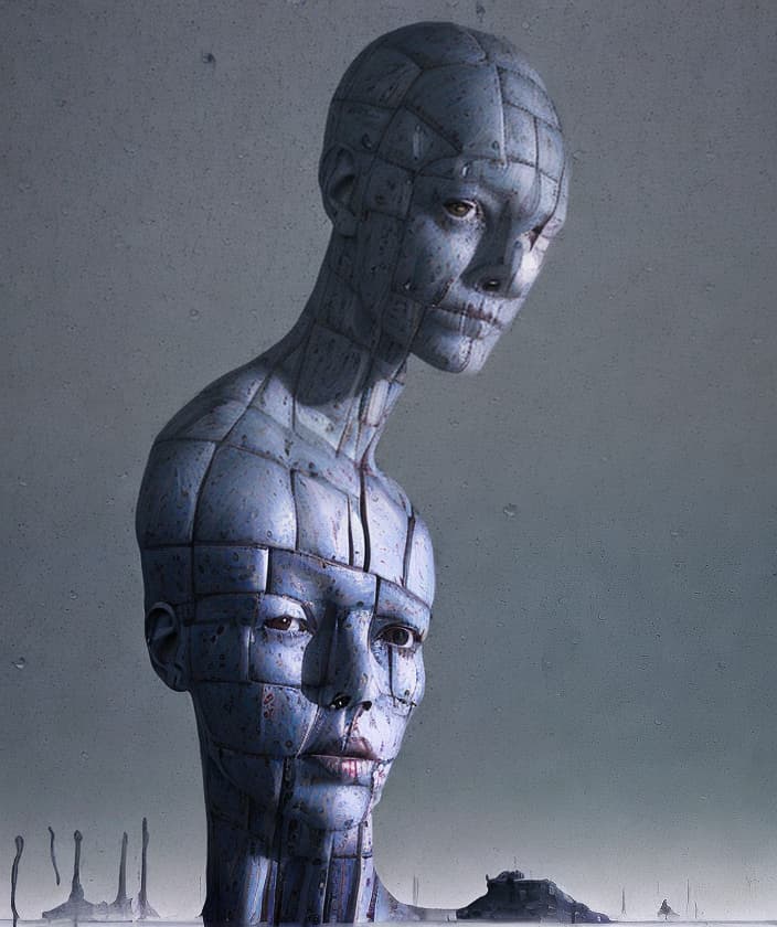 portrait+ style mannequins Beksiński pain fear guillotine chessboard death time cry rain