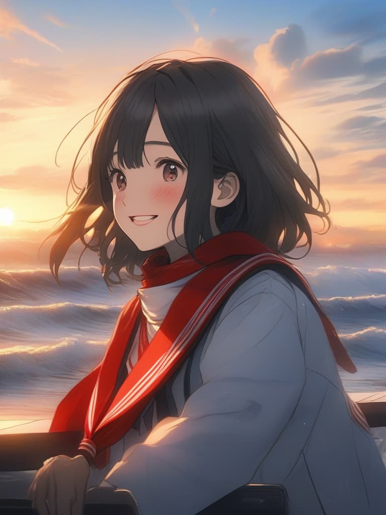  Girl, sunset, Bob, sailor suit, red muffler, emo, smile, evening, masterpiece, best quality,8k,ultra detailed,high resolution,an extremely delicate and beautiful,hyper detail