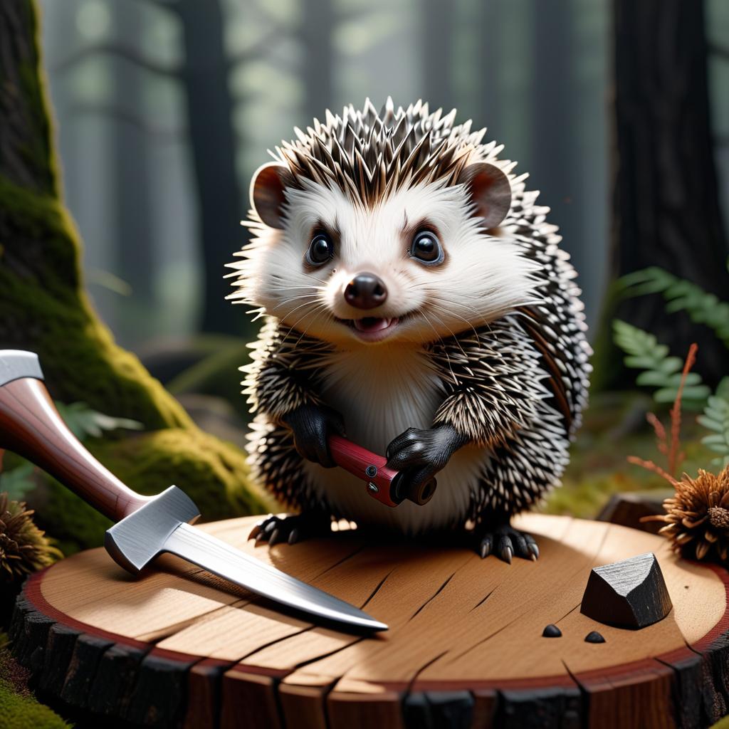  Black and white drawing with a marker, an aggressive hedgehog on a board, nearby an axe. hyperrealistic, full body, detailed clothing, highly detailed, cinematic lighting, stunningly beautiful, intricate, sharp focus, f/1. 8, 85mm, (centered image composition), (professionally color graded), ((bright soft diffused light)), volumetric fog, trending on instagram, trending on tumblr, HDR 4K, 8K