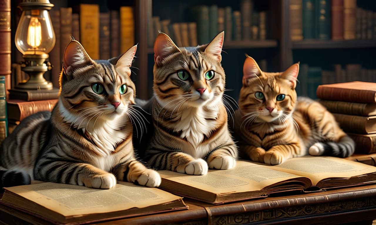  Shelves with old books. Five cats are lying on the books., on parchment hyperrealistic, full body, detailed clothing, highly detailed, cinematic lighting, stunningly beautiful, intricate, sharp focus, f/1. 8, 85mm, (centered image composition), (professionally color graded), ((bright soft diffused light)), volumetric fog, trending on instagram, trending on tumblr, HDR 4K, 8K