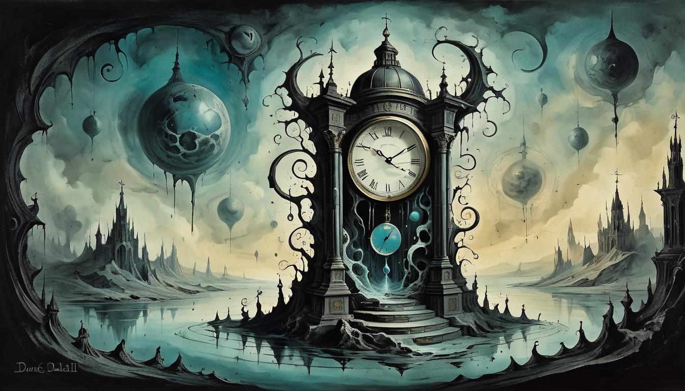  on parchment, surrealism+++, A clock with melting edges like Dali's, center of a dark room, numbers distorted, ethereal and surreal, sense of time slipping(mysterious, provocative, symbolic,muted color)+++