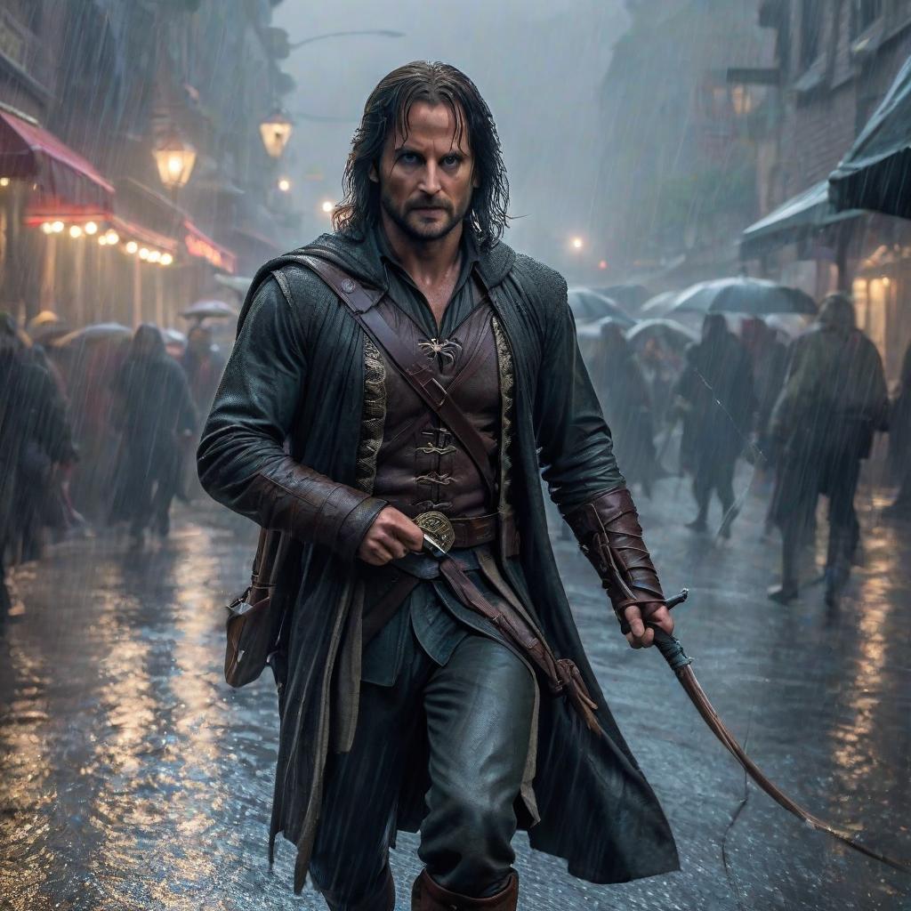  Aragorn fights against Spider Man in the rain hyperrealistic, full body, detailed clothing, highly detailed, cinematic lighting, stunningly beautiful, intricate, sharp focus, f/1. 8, 85mm, (centered image composition), (professionally color graded), ((bright soft diffused light)), volumetric fog, trending on instagram, trending on tumblr, HDR 4K, 8K