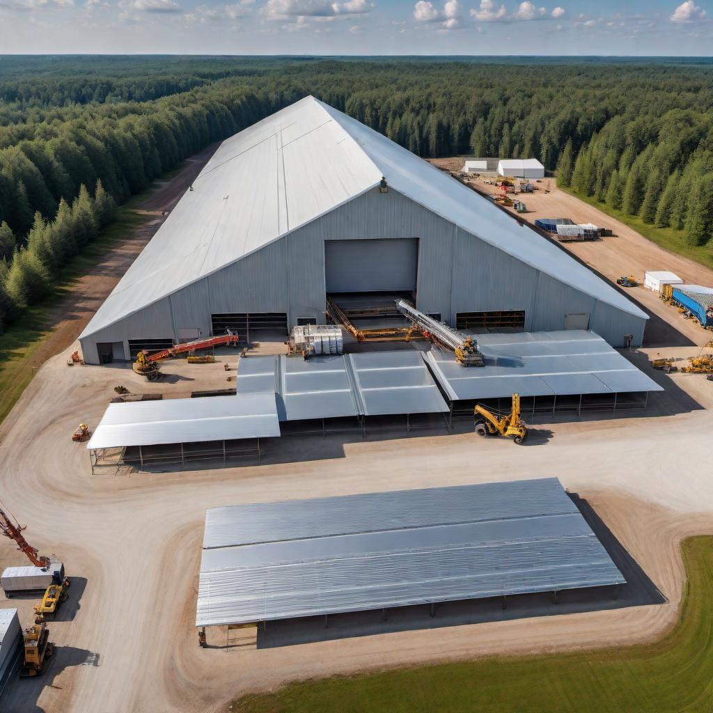  A visual representation of a Canadian steel building being installed with a standing seam roll forming machine in action, showcasing 124 ft panels being installed, all captured by an aerial drone. Include hashtags: #CanadianSteel #SteelBuilding #QualityCraftsmanship #AerialView #ConstructionZone #InnovationInProgress hyperrealistic, full body, detailed clothing, highly detailed, cinematic lighting, stunningly beautiful, intricate, sharp focus, f/1. 8, 85mm, (centered image composition), (professionally color graded), ((bright soft diffused light)), volumetric fog, trending on instagram, trending on tumblr, HDR 4K, 8K