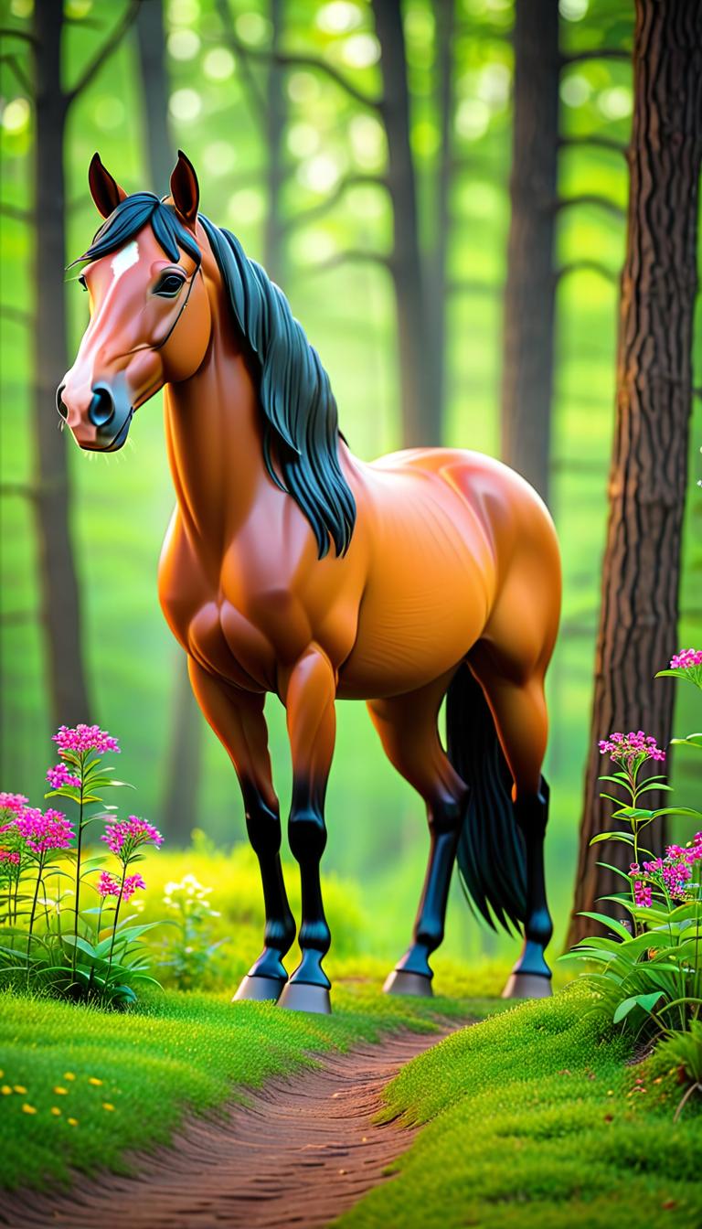  Professional 3D model of A spring horse is standing in a beautiful forest and has a flower in its mane. The horse is a fool. . Rendered with Octane, the model is highly detailed,dramatic lighting. hyperrealistic, full body, detailed clothing, highly detailed, cinematic lighting, stunningly beautiful, intricate, sharp focus, f/1. 8, 85mm, (centered image composition), (professionally color graded), ((bright soft diffused light)), volumetric fog, trending on instagram, trending on tumblr, HDR 4K, 8K