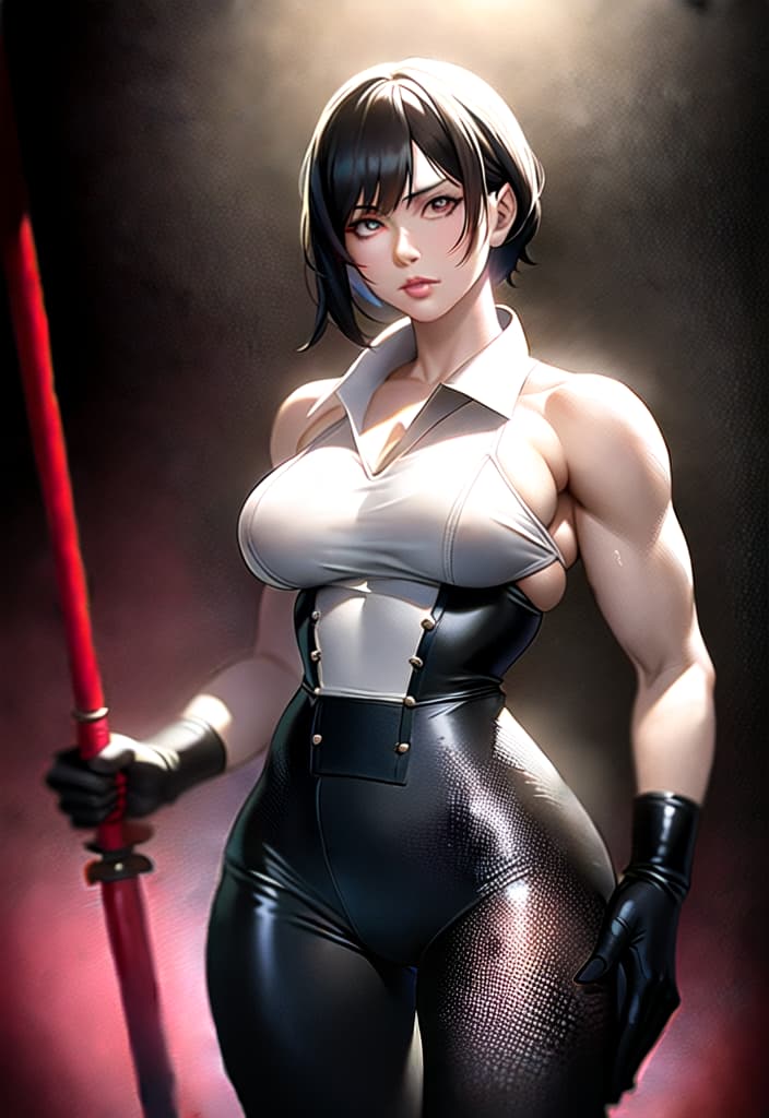  Black hair, berry short hair, beautiful woman, white dress shirt, red corset, black leather pants, muscles, always have Japanese swords, Be sure to draw from the head to the thigh, the background is outdoor, (Masterpiece, BestQuality:1.3), (ultra detailed:1.2), (hyperrealistic:1.3), (RAW photo:1.2),High detail RAW color photo, professional photograph, (Photorealistic:1.4), (realistic:1.4), ,professional lighting, (japanese), beautiful face, (realistic face)