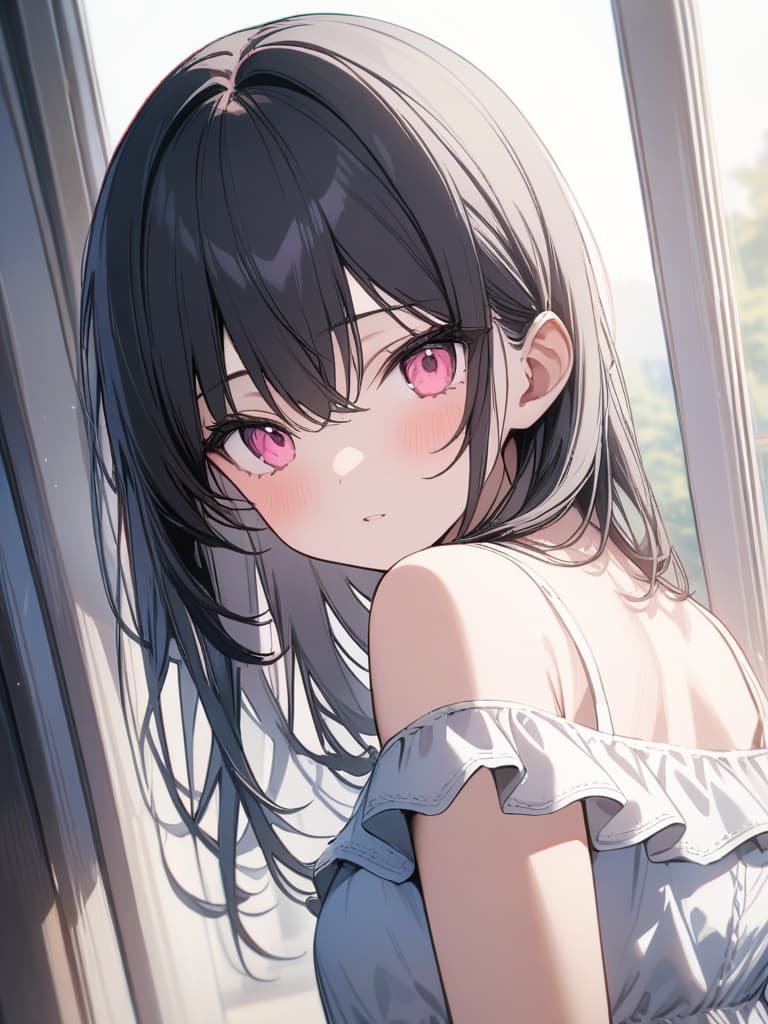  Cute, , young, big s, frills, camisole, bob, black hair, pink eyes, masterpiece, best quality,8k,ultra detailed,high resolution,an extremely delicate and beautiful,hyper detail