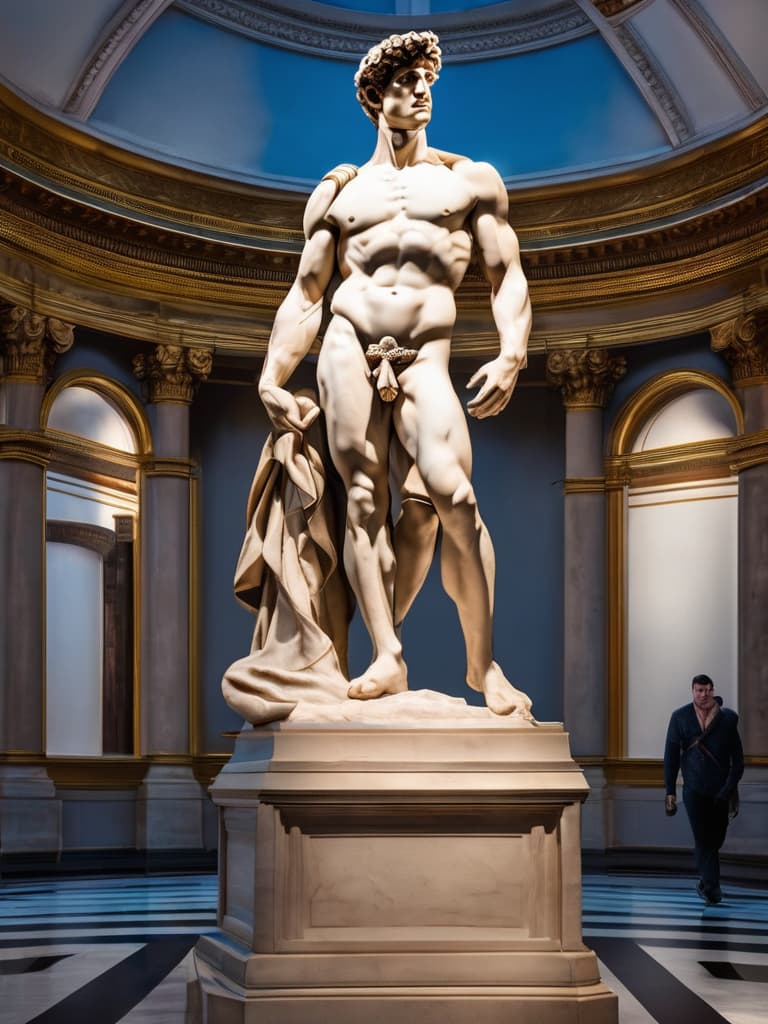  David by Michelangelo hyperrealistic, full body, detailed clothing, highly detailed, cinematic lighting, stunningly beautiful, intricate, sharp focus, f/1. 8, 85mm, (centered image composition), (professionally color graded), ((bright soft diffused light)), volumetric fog, trending on instagram, trending on tumblr, HDR 4K, 8K