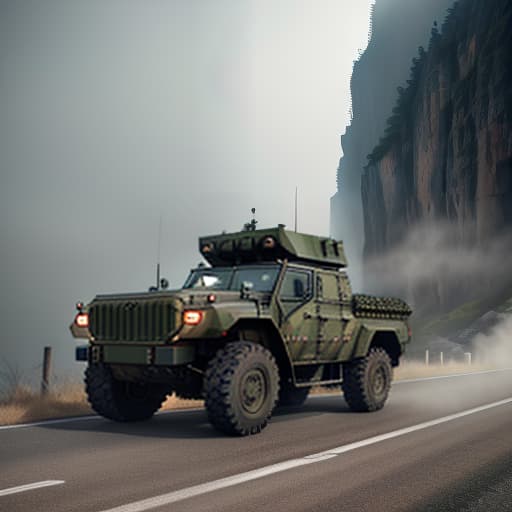  A column of military vehicles is driving on the road, at the end of the road there is a huge cliff. hyperrealistic, full body, detailed clothing, highly detailed, cinematic lighting, stunningly beautiful, intricate, sharp focus, f/1. 8, 85mm, (centered image composition), (professionally color graded), ((bright soft diffused light)), volumetric fog, trending on instagram, trending on tumblr, HDR 4K, 8K