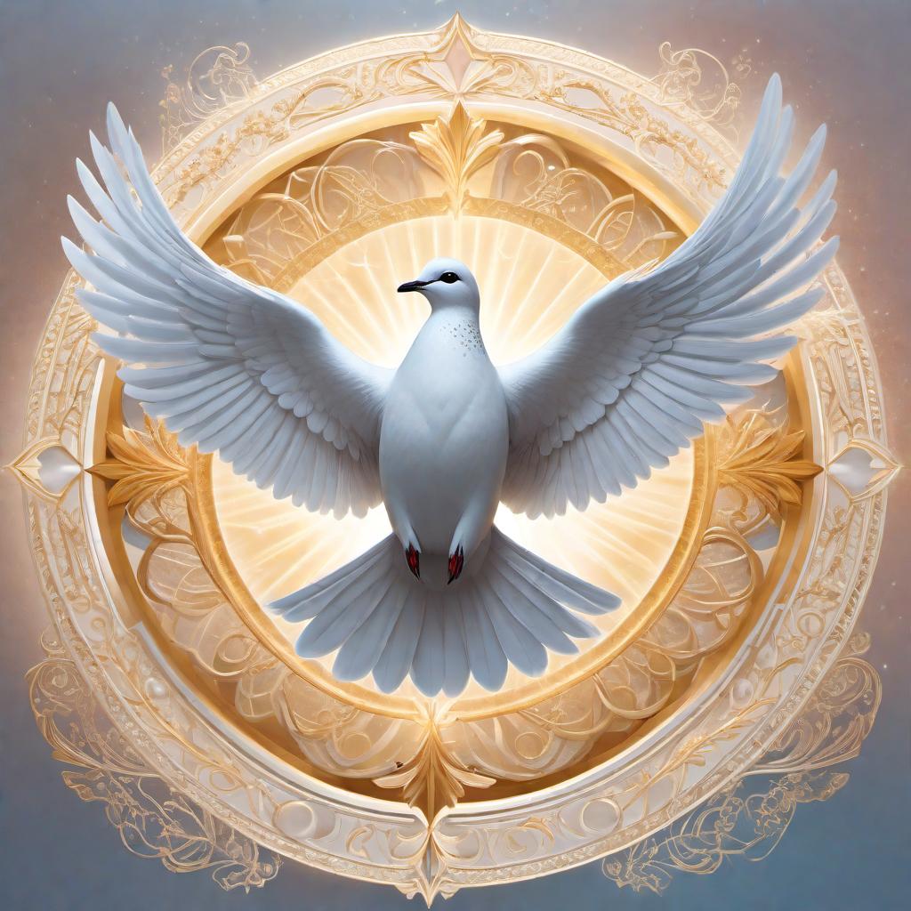  A depiction of a Holy Ghost seal. The seal features an intricate dove with outstretched wings, symbolizing the Holy Spirit. The dove is surrounded by an ornate circular border with rays of light radiating outward. The background is celestial with soft ethereal colors and a sense of divine presence. The design is elegant and spiritual, evoking a sense of reverence and sanctity. hyperrealistic, full body, detailed clothing, highly detailed, cinematic lighting, stunningly beautiful, intricate, sharp focus, f/1. 8, 85mm, (centered image composition), (professionally color graded), ((bright soft diffused light)), volumetric fog, trending on instagram, trending on tumblr, HDR 4K, 8K