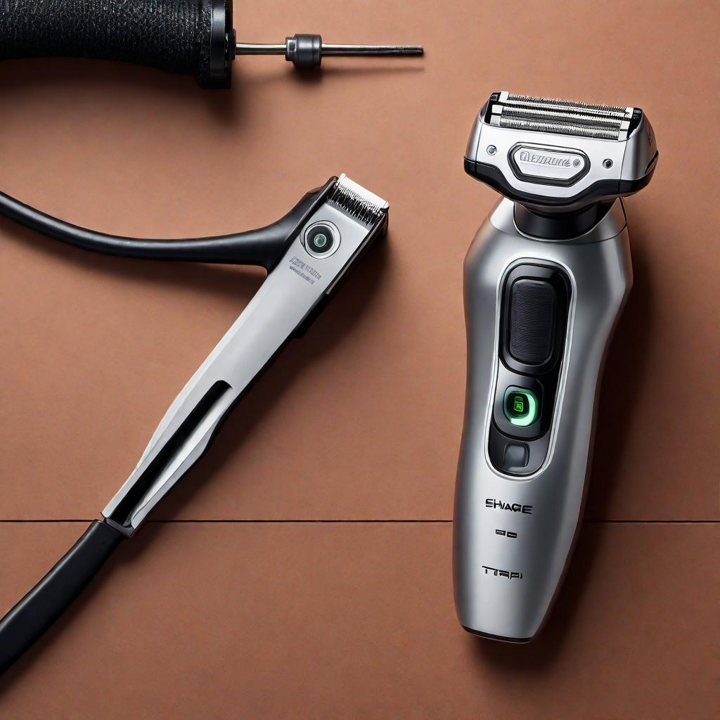  A step-by-step visual guide to modifying a T-outliner shaver: 1. **Blade Adjustment:** - Image 1: A T-outliner shaver with the blade clipped on. - Image 2: Close-up of a screwdriver removing screws from the blade. - Image 3: The blades, showing how to zero-gap by adjusting screws and aligning blades parallel. 2. **Motor Upgrade:** - Image 4: T-outliner with an opened casing revealing the motor. - Image 5: A stronger motor being installed. 3. **Customization for Grip and Comfort:** - Image 6: Adding grip tape or ergonomic sleeve to the handle of the T-outliner. - Image 7: Changing the shaver's housing to an aesthetically designed, ergonomic one. 4. **Battery Modification (For Cordless Models):** - Image 8: Upgrading to a higher capacity  hyperrealistic, full body, detailed clothing, highly detailed, cinematic lighting, stunningly beautiful, intricate, sharp focus, f/1. 8, 85mm, (centered image composition), (professionally color graded), ((bright soft diffused light)), volumetric fog, trending on instagram, trending on tumblr, HDR 4K, 8K