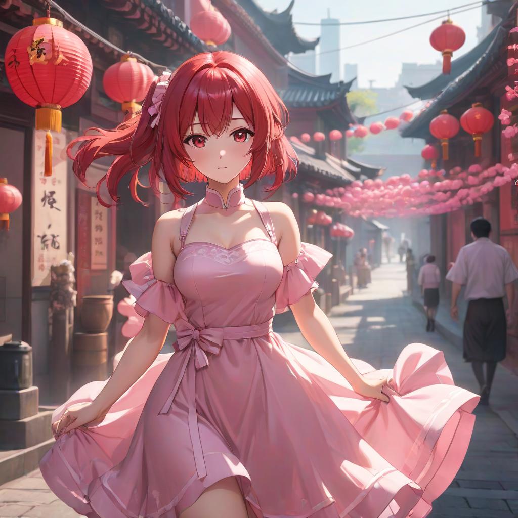  anime artwork Anime, lol, bright red hair, brown eyes, a light pink dress against the backdrop of a Chinese street, pink ribbons. 4k. . anime style, key visual, vibrant, studio anime, highly detailed hyperrealistic, full body, detailed clothing, highly detailed, cinematic lighting, stunningly beautiful, intricate, sharp focus, f/1. 8, 85mm, (centered image composition), (professionally color graded), ((bright soft diffused light)), volumetric fog, trending on instagram, trending on tumblr, HDR 4K, 8K