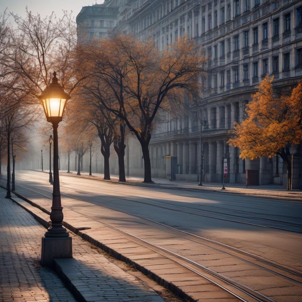  HDR photo of Soviet buildings of the Stalinist era and small concrete fences, a street with dry trees, lamp posts, tram tracks are present. weather cloudy day. Tall Soviet public buildings are visible in the background . High dynamic range, vivid, rich details, clear shadows and highlights, realistic, intense, enhanced contrast, highly detailed hyperrealistic, full body, detailed clothing, highly detailed, cinematic lighting, stunningly beautiful, intricate, sharp focus, f/1. 8, 85mm, (centered image composition), (professionally color graded), ((bright soft diffused light)), volumetric fog, trending on instagram, trending on tumblr, HDR 4K, 8K