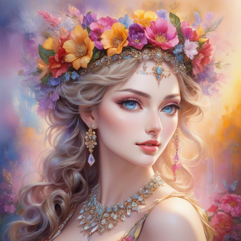  abstract expressionist painting A portrait of a woman with a flower crown and bejeweled accessories against a soft, colorful background. Watercolor in the style of Josephine Wall, Tomasz Allen Kopera, Dariusz Zawadzki, Andreja Peklar, Ivan Shiskine,Create an image of a young woman with a radiant and cheerful expression. Her skin is smooth with a fair complexion. She has large, captivating eyes with a gentle gaze and well defined eyebrows. Her full lips curve into a warm, inviting smile that enhances her approachable aura. Her hair is voluminous and flows in luxurious, well defined waves, cascading around her face and shoulders. The hair color is a soft, monochromatic hue that harmonizes with the colour tone of the image, giving an overall c hyperrealistic, full body, detailed clothing, highly detailed, cinematic lighting, stunningly beautiful, intricate, sharp focus, f/1. 8, 85mm, (centered image composition), (professionally color graded), ((bright soft diffused light)), volumetric fog, trending on instagram, trending on tumblr, HDR 4K, 8K