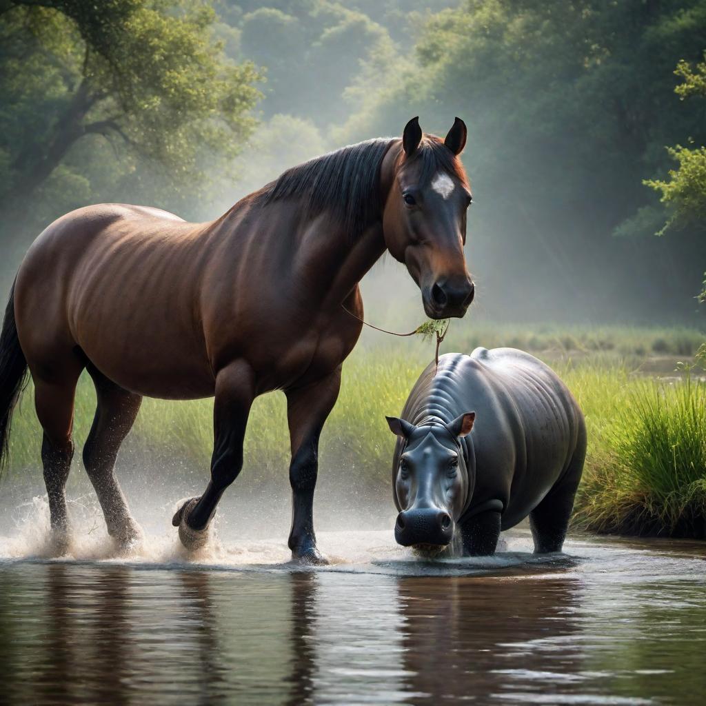  Draw a horse with a fork in a river and a hippo in pursuit hyperrealistic, full body, detailed clothing, highly detailed, cinematic lighting, stunningly beautiful, intricate, sharp focus, f/1. 8, 85mm, (centered image composition), (professionally color graded), ((bright soft diffused light)), volumetric fog, trending on instagram, trending on tumblr, HDR 4K, 8K