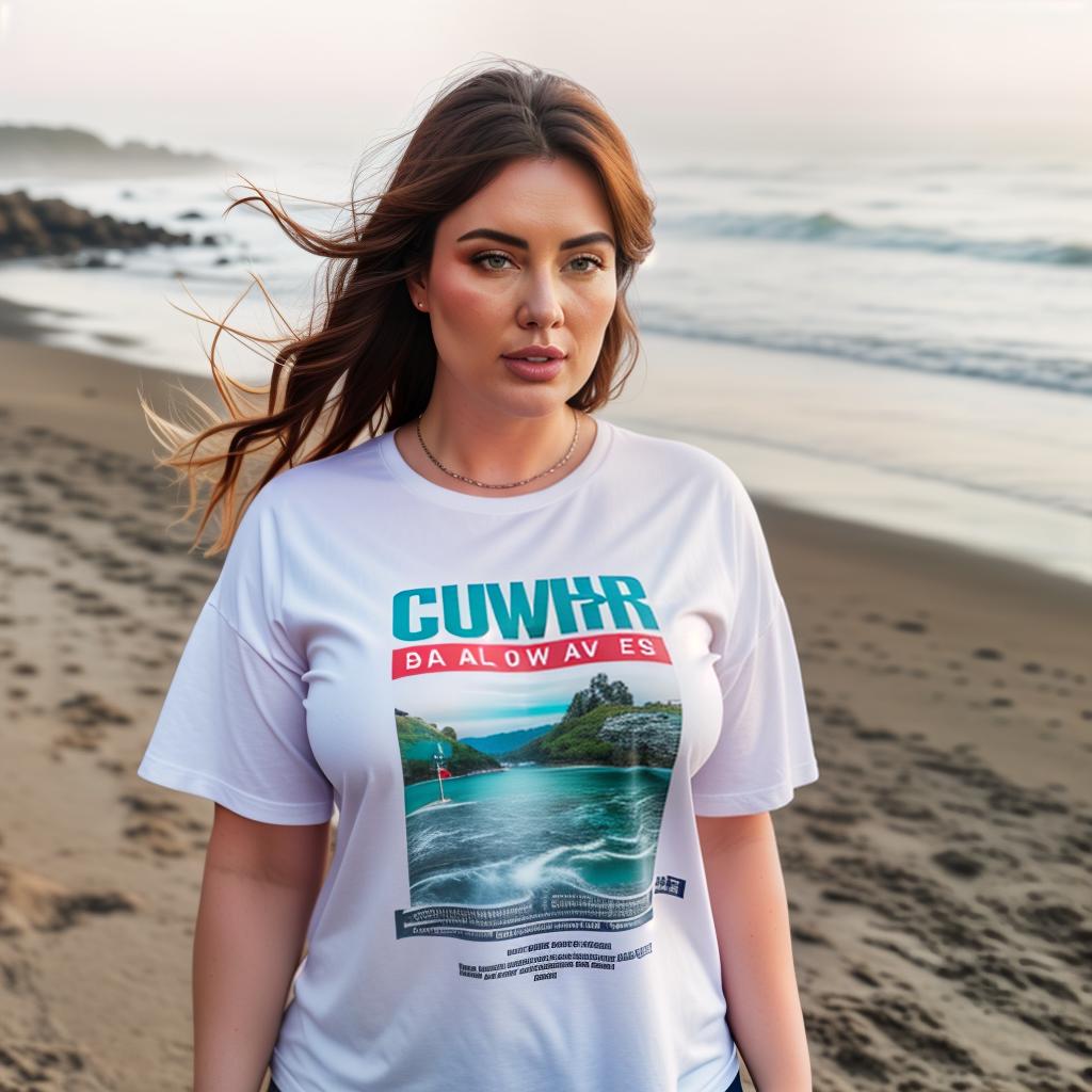  a Chubby American gir at beach, portrait, Jean's tshirt, low saturation hyperrealistic, full body, detailed clothing, highly detailed, cinematic lighting, stunningly beautiful, intricate, sharp focus, f/1. 8, 85mm, (centered image composition), (professionally color graded), ((bright soft diffused light)), volumetric fog, trending on instagram, trending on tumblr, HDR 4K, 8K