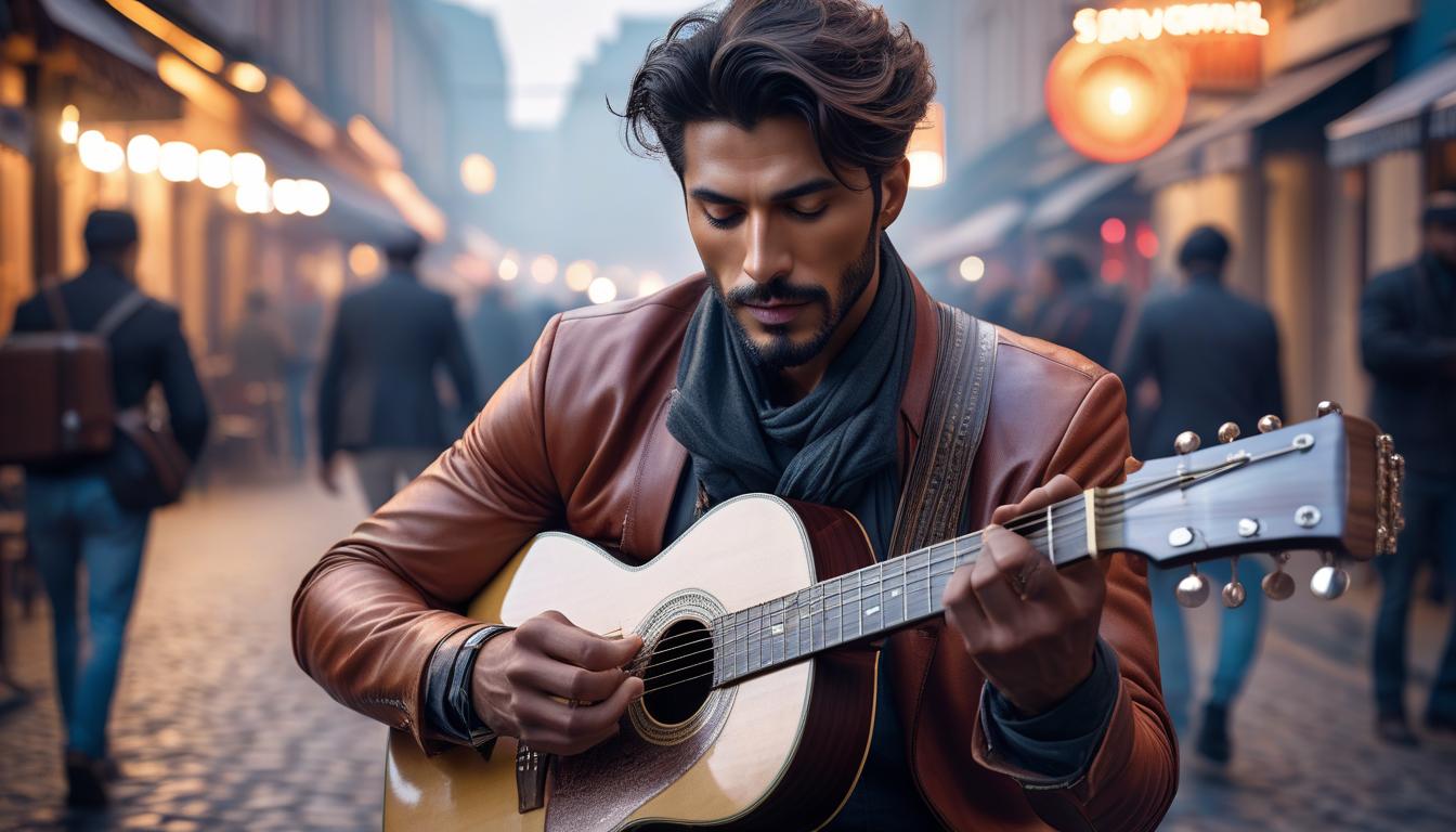  A guitar in the hands of a street musician, a close up view. hyperrealistic, full body, detailed clothing, highly detailed, cinematic lighting, stunningly beautiful, intricate, sharp focus, f/1. 8, 85mm, (centered image composition), (professionally color graded), ((bright soft diffused light)), volumetric fog, trending on instagram, trending on tumblr, HDR 4K, 8K