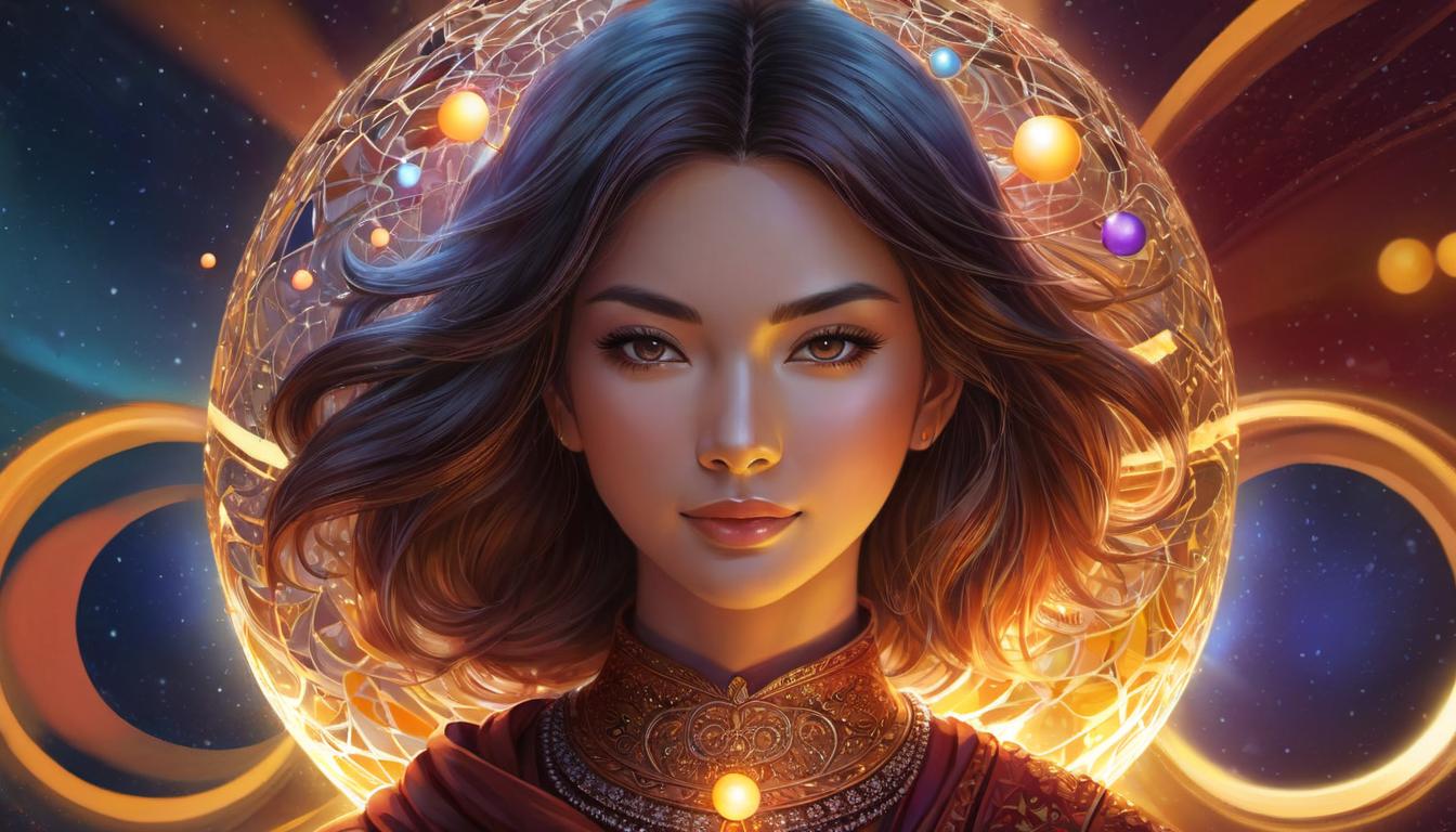  digital illustration, 1woman, holding a glowing orb, surrounded by smaller orbs radiating light, detailed facial features showing satisfaction, warm, inviting light, successful outcomes, confidence, looking at viewer, dynamic pose, (intricate details, masterpiece, best quality)