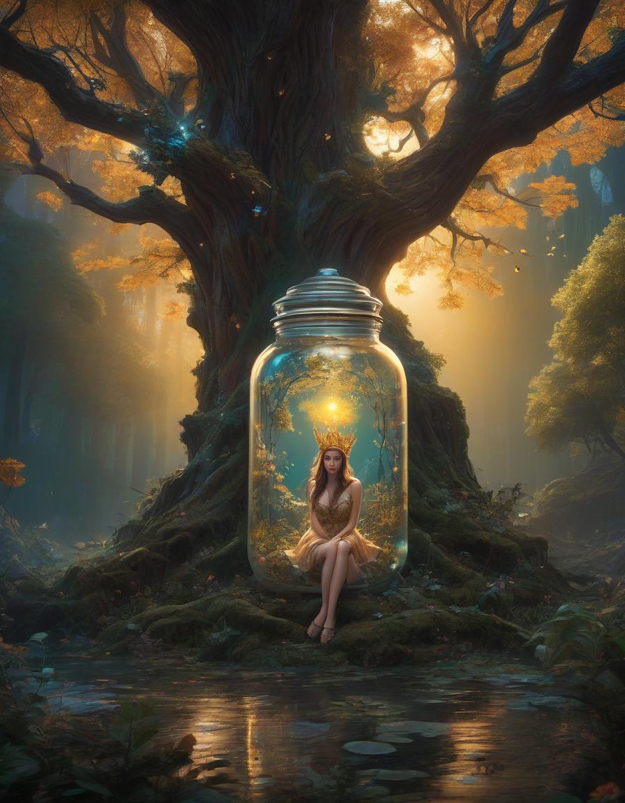  (digital art, masterpiece, difficulty: 1.3), under a tree, locked in a jar, a beautiful fairy queen wearing a small golden crown on her head, inspired by the style of Cyril Rolando (influenced by Beeple and Jeremiah Ketner: 1,2), (inspired by Josan Gonzalez and Dan Mumford): 1.1, surreal and whimsical concept, detailed and thoughtful design of the can, bright and dreamlike colors, fantastic setting, high definition rendering, captivating combination of styles, intricate patterns and textures, unearthly glow, magical atmosphere, fairy tale, fantasy hyperrealistic, full body, detailed clothing, highly detailed, cinematic lighting, stunningly beautiful, intricate, sharp focus, f/1. 8, 85mm, (centered image composition), (professionally color graded), ((bright soft diffused light)), volumetric fog, trending on instagram, trending on tumblr, HDR 4K, 8K