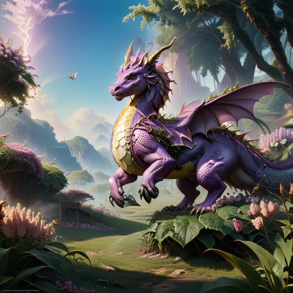  concept art Background: a fairy tale meadow lit by the sun. In the center of the image: a lilac colored dragon with a rider watching. . digital artwork, illustrative, painterly, matte painting, highly detailed, hkmagic, oil painting, Civitai hyperrealistic, full body, detailed clothing, highly detailed, cinematic lighting, stunningly beautiful, intricate, sharp focus, f/1. 8, 85mm, (centered image composition), (professionally color graded), ((bright soft diffused light)), volumetric fog, trending on instagram, trending on tumblr, HDR 4K, 8K