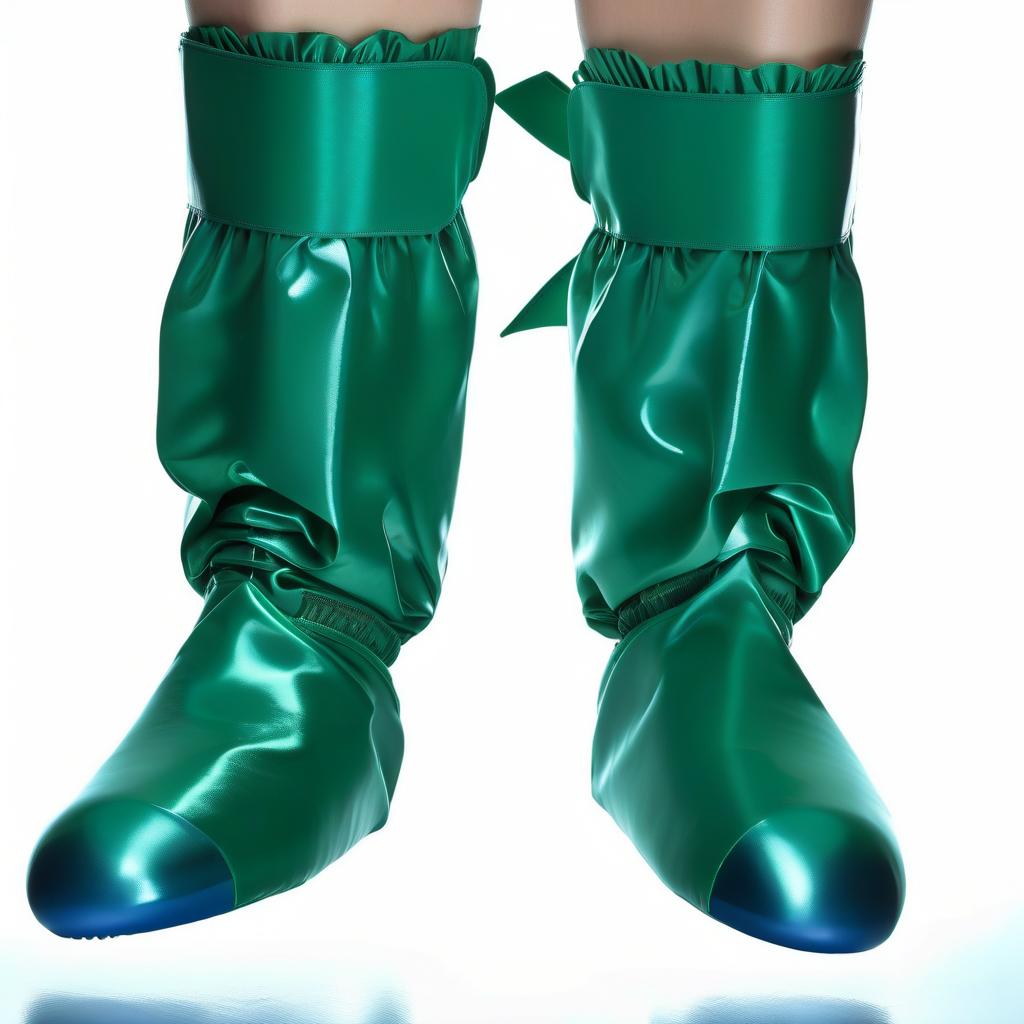  operating room shoes, high surgical shoe covers, knee high, with ribbon ties, (the lower half from sole to ankle, from glossy latex dark green:1.3), (the upper half from ankle to knee, from glossy latex dark blue:1.5), flat soled, without heels, front view, full face, full length hyperrealistic, full body, detailed clothing, highly detailed, cinematic lighting, stunningly beautiful, intricate, sharp focus, f/1. 8, 85mm, (centered image composition), (professionally color graded), ((bright soft diffused light)), volumetric fog, trending on instagram, trending on tumblr, HDR 4K, 8K