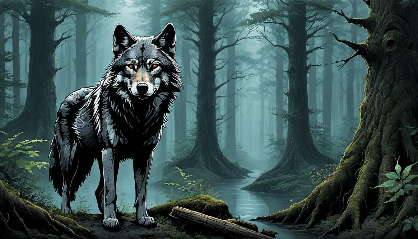  （surrealism)A wolf alone in a forest, making calculated movements, eyes wide open and alert, background of intricate forest details with twisted roots and dense foliage, intelligence, strategy mystic, intricate details, best quality)