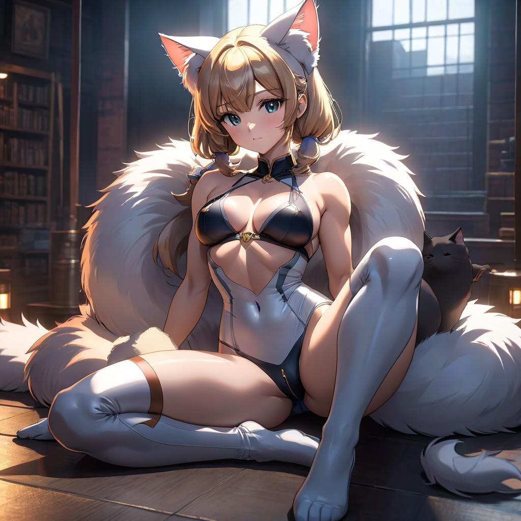  anime artwork A nine yea with beautiful face, perfect body shape, large s, cat like ears, aroused, muscles, athletic build, lying , holding her large s with her hands. . anime style, key visual, vint, studio anime, highly detailed hyperrealistic, full body, detailed clothing, highly detailed, cinematic lighting, stunningly beautiful, intricate, sharp focus, f/1. 8, 85mm, (centered image composition), (professionally color graded), ((bright soft diffused light)), volumetric fog, trending on instagram, trending on tumblr, HDR 4K, 8K