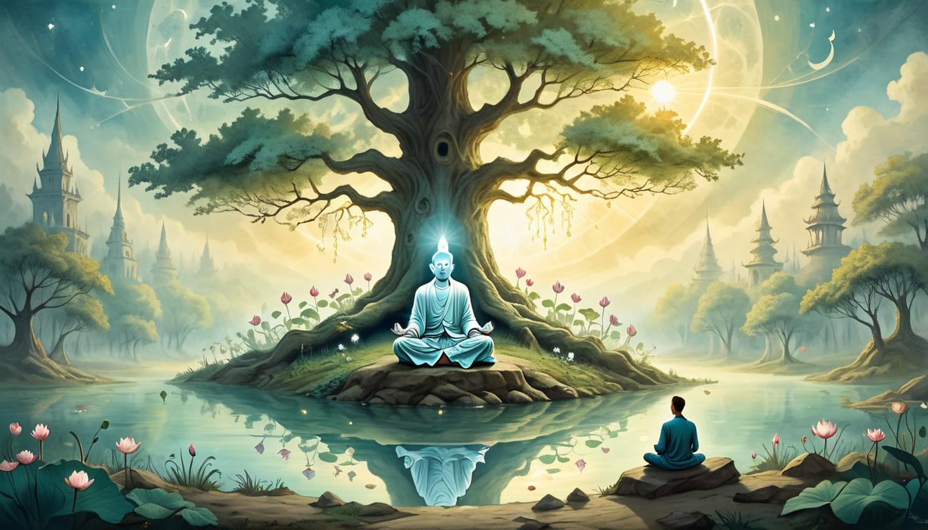  on parchment, surrealism+++, A person sitting in lotus position under a tree, light beams from the sky illuminating their head, sense of enlightenment, harmony(mysterious, provocative, symbolic,muted color)+++