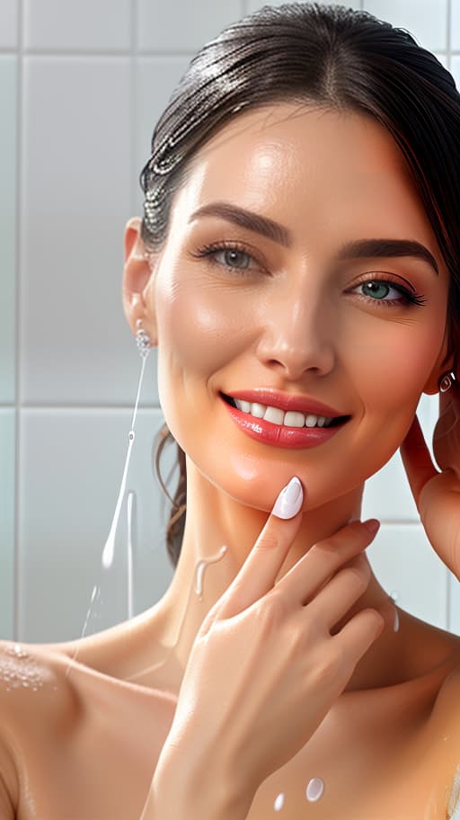  Maximum realistic photo as in a professional advertising shoot. Aesthetic photo of a young woman in a tropical shower, applying white shower gel, standing half sideways. The pose is relaxed, natural. The manicure is beige, neat, well groomed hands. The background is light pale, faintly bluish, homogeneous. The light emphasizes the smoothness of the skin and reflects the properties of the shower gel. Calm, pleasant color scheme. Close up, in the frame only: part of the face and body, namely a light blissful smile, part of the nose and ear, a little hair gathered in a bundle, neck, hand smearing the gel on the shoulder, thin collarbones. No face above the nose, no torso below the shoulders. In gel, arm, shoulders, neck hyperrealistic, full body, detailed clothing, highly detailed, cinematic lighting, stunningly beautiful, intricate, sharp focus, f/1. 8, 85mm, (centered image composition), (professionally color graded), ((bright soft diffused light)), volumetric fog, trending on instagram, trending on tumblr, HDR 4K, 8K