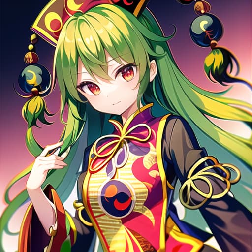  master piece , best quality,1girl, {{junko (touhou)}}, green hair, long hair, jewelry red eyes, glossy eyes, chinese clothes, black dress, long sleeves