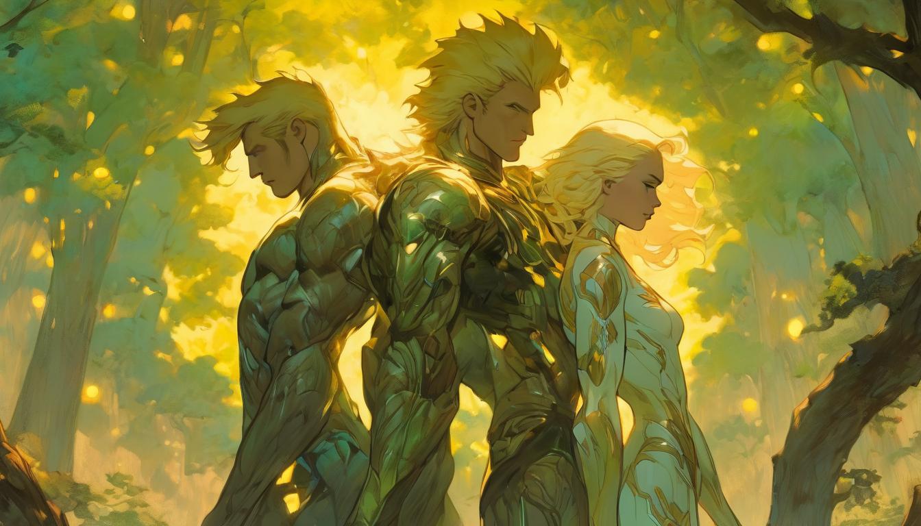  hyperrealism,fantasy aesthetic1man1woman, large busted attractive blonde arian female humanoid and attractive blonde arian male humanoid, joining hands, standing in a circle of ancient trees, light beams connecting them to earth, honoring bond, serene and connected mood, high tech clothing clad in sleek, futuristic costume with metallic accents and form fitting designs, marvel superhero comics style, unreal engine rendering