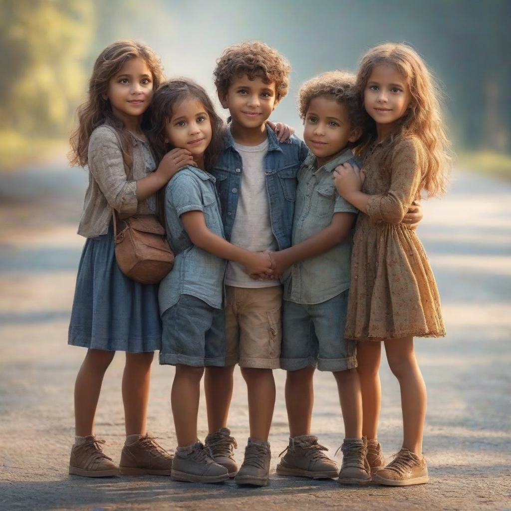  Five children are holding each other, detailed sketch, hyperrealistic, full body, detailed clothing, highly detailed, cinematic lighting, stunningly beautiful, intricate, sharp focus, f/1. 8, 85mm, (centered image composition), (professionally color graded), ((bright soft diffused light)), volumetric fog, trending on instagram, trending on tumblr, HDR 4K, 8K