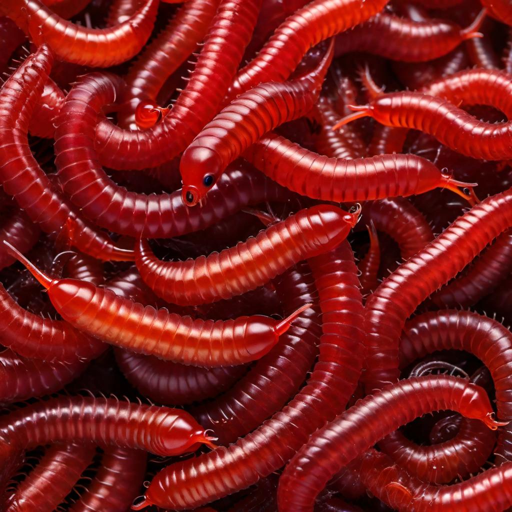  Bloodworms, close-up images showing their bright red color and segmented bodies. hyperrealistic, full body, detailed clothing, highly detailed, cinematic lighting, stunningly beautiful, intricate, sharp focus, f/1. 8, 85mm, (centered image composition), (professionally color graded), ((bright soft diffused light)), volumetric fog, trending on instagram, trending on tumblr, HDR 4K, 8K