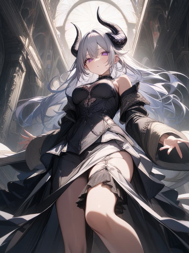  The crouched devil, black horns, white hair, male, demon, and reaching hands, gray hair, purple eyes, angels, angels, women, women, women, masterpiece, best quality,8k,ultra detailed,high resolution,an extremely delicate and beautiful,hyper detail