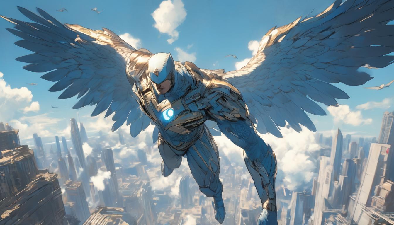  hyperrealism,fantasy aestheticA hawk, flying high, clear blue sky, sharp talons, focused eyesight, wings spread wide, poised, vigilant, unerring pursuit, high tech clothing clad in sleek, futuristic costume with metallic accents and form fitting designs, marvel superhero comics style, unreal engine rendering