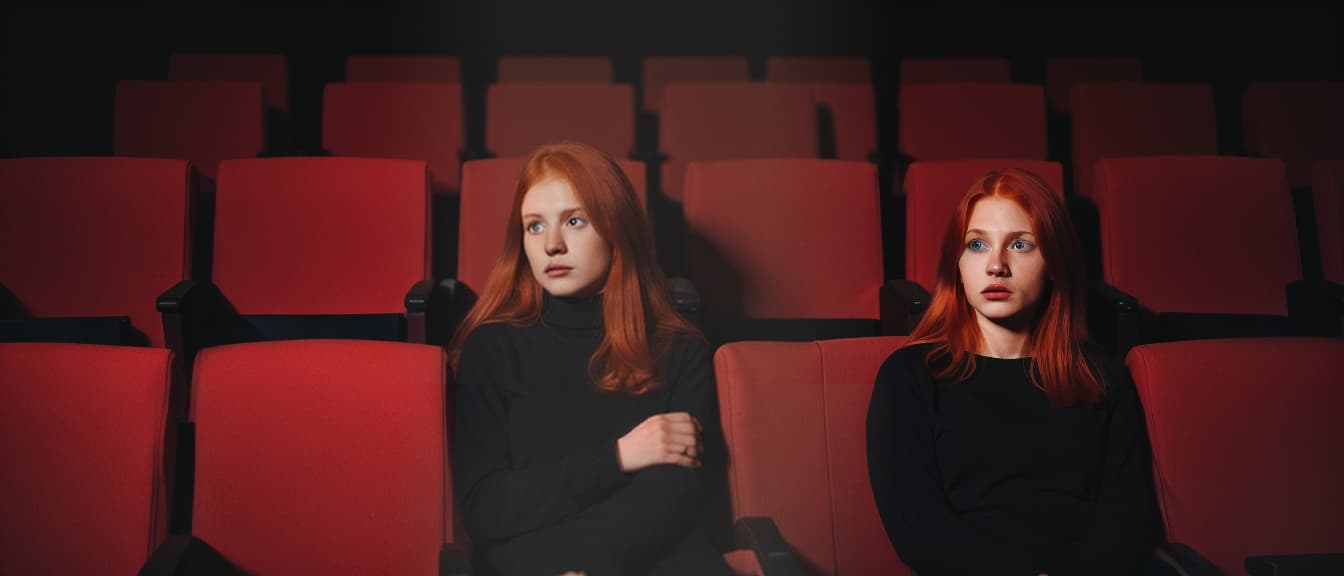  Caucasian red haired woman sits on the front row in a cinema in an empty hall. The girl is watching a movie alone.