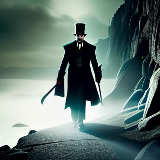 wa-vy style black eyes, tall top hat, all black clothes, no facial detail, long trench coat, undertaker looking, demonic, reaper, shadow person, blackness, pure evil hyperrealistic, full body, detailed clothing, highly detailed, cinematic lighting, stunningly beautiful, intricate, sharp focus, f/1. 8, 85mm, (centered image composition), (professionally color graded), ((bright soft diffused light)), volumetric fog, trending on instagram, trending on tumblr, HDR 4K, 8K