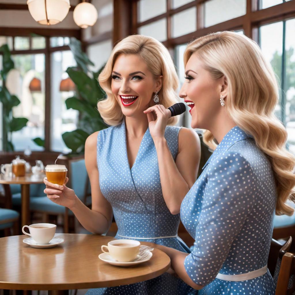  Podcast cover featuring two women in a cartoon style, looking different from each other. They are laughing and having fun with a microphone between them. One woman has blonde hair and blue eyes, the other has brown hair and brown eyes. They are in a tea room in Palm Beach, dressed in a 60s retro vibe, one wearing a polka dot dress and the other wearing a floral dress. The setting should be inviting and charming, with appealing and bright colors to capture the fun and relaxed atmosphere. No writing or text in the background. hyperrealistic, full body, detailed clothing, highly detailed, cinematic lighting, stunningly beautiful, intricate, sharp focus, f/1. 8, 85mm, (centered image composition), (professionally color graded), ((bright soft diffused light)), volumetric fog, trending on instagram, trending on tumblr, HDR 4K, 8K