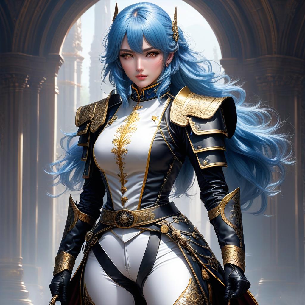  Girl, female cuirassier, ((full body)), foot focus, feet, blue hair, (horse tail), bright yellow eyes, glowing eyes, hourglass figure, fully clothed, military uniform, (19th century ceremonial uniform), (cuirass), white clothes, white cloak, ((white leggings )), riding pants, black boots, over the knee boots, thigh high boots, tight boots, belt, choker, awards, ((prayer)), hands folded in a prayer gesture, looking at viewer, (extremely hyper detailed face), (masterpiece : 1.4), (perfect eyes: 1.1), (perfect hands), 2D, anime, extremely detailed clothes. hyperrealistic, full body, detailed clothing, highly detailed, cinematic lighting, stunningly beautiful, intricate, sharp focus, f/1. 8, 85mm, (centered image composition), (professionally color graded), ((bright soft diffused light)), volumetric fog, trending on instagram, trending on tumblr, HDR 4K, 8K