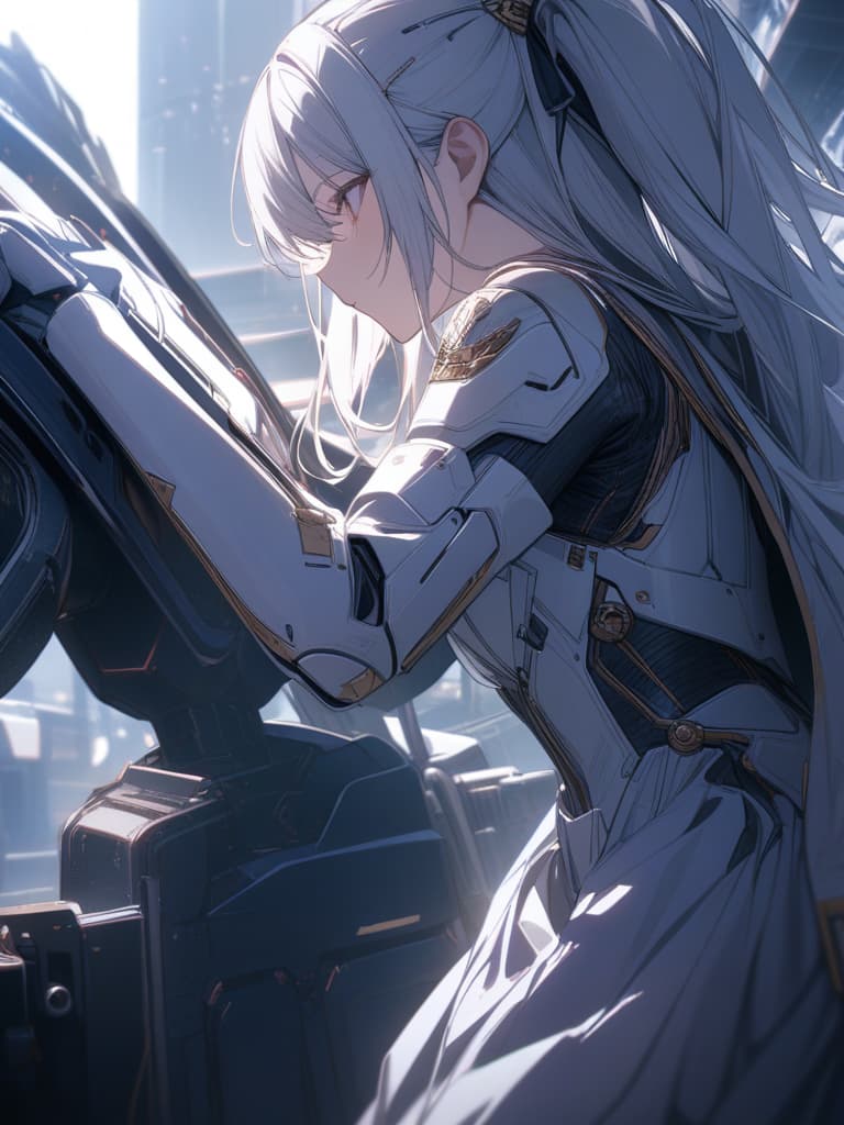  Robot, white hair, light purple, long hair, profile, robot clothing, Android girl, no mouth, humans will be excluded, masterpiece, best quality,8k,ultra detailed,high resolution,an extremely delicate and beautiful,hyper detail