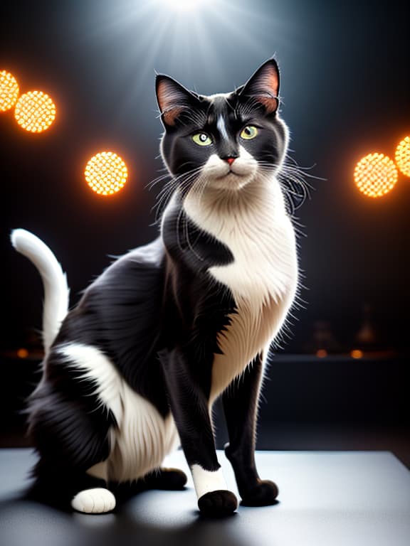  Animate an anthropomorphic black and white cat standing on its hind legs, playing a sunburst electric piano. The cat appears highly animated and enthusiastic, with its mouth wide open in a roar like expression, showing its sharp teeth, and eyes closed as if it is deeply enjoying the music. The cat’s fur is well defined with a spotted pattern, and it has prominent white whiskers. The electric piano is detailed with a classic design. It’s being played by the cat’s front paws, one on the keyboard and the other waving overhead . The background is dark with subtle highlights, suggesting a spotlight effect, enhancing the rockstar vibe. The cat is wearing a black leather jacket decorated with silver spikes. The surface beneath the cat has a  hyperrealistic, full body, detailed clothing, highly detailed, cinematic lighting, stunningly beautiful, intricate, sharp focus, f/1. 8, 85mm, (centered image composition), (professionally color graded), ((bright soft diffused light)), volumetric fog, trending on instagram, trending on tumblr, HDR 4K, 8K