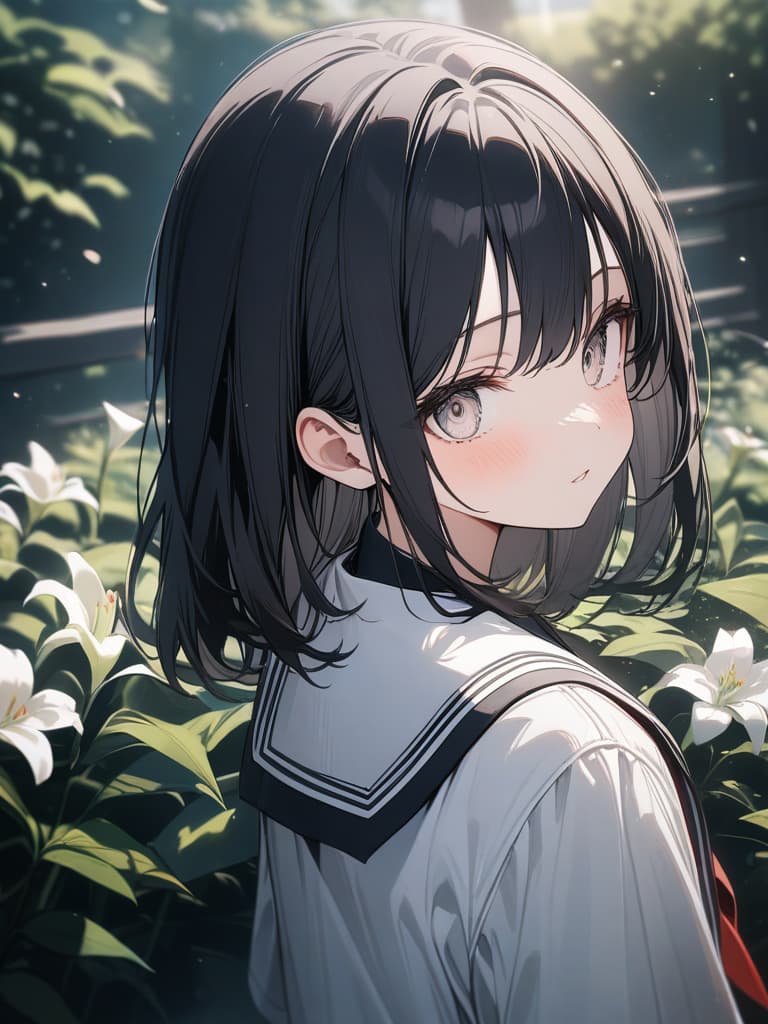  Cute, , young face, big eyes, big s, black hair, straight hair, white eyes, uniform, , sailor suit, medium, black clothes, lily, masterpiece, best quality,8k,ultra detailed,high resolution,an extremely delicate and beautiful,hyper detail