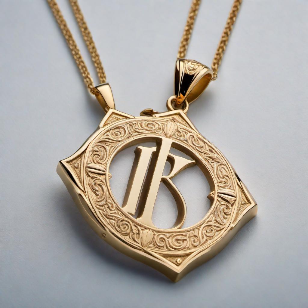  A pendant with the letters 'RFK Jr' elegantly engraved in a stylish and classic font. The pendant should have a polished, shiny metallic finish, preferably gold or silver, and a simple, elegant chain. hyperrealistic, full body, detailed clothing, highly detailed, cinematic lighting, stunningly beautiful, intricate, sharp focus, f/1. 8, 85mm, (centered image composition), (professionally color graded), ((bright soft diffused light)), volumetric fog, trending on instagram, trending on tumblr, HDR 4K, 8K