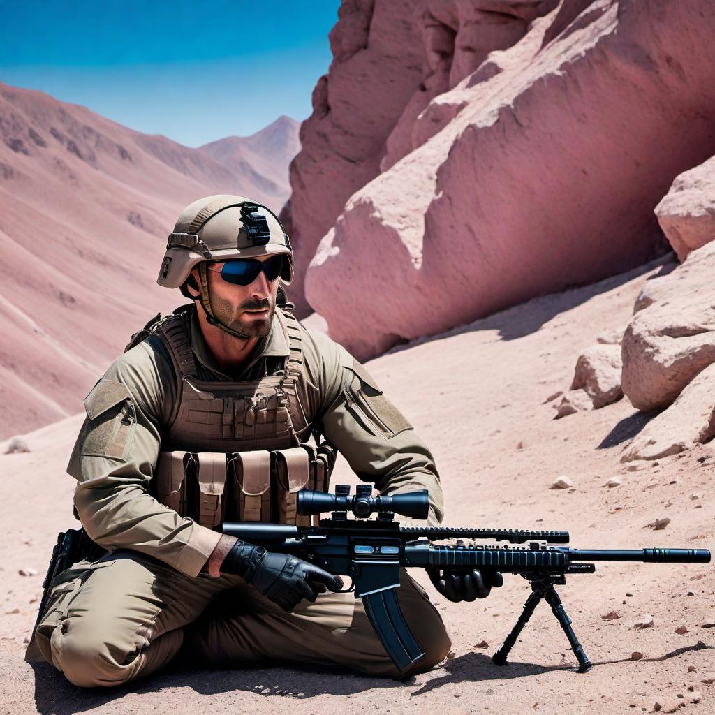  A sniper laying prone in the mountains with a sleek, modern black sniper rifle. The sky is a vibrant mix of pink and blue. The sniper is dressed in all black: uniform, helmet, gloves, and boots. Beside the sniper lays a K9 dog, also in tactical gear. The scene captures the rugged mountain terrain, the surreal atmosphere of the pink and blue sky, and the sharp focus and readiness of both the sniper and the K9. hyperrealistic, full body, detailed clothing, highly detailed, cinematic lighting, stunningly beautiful, intricate, sharp focus, f/1. 8, 85mm, (centered image composition), (professionally color graded), ((bright soft diffused light)), volumetric fog, trending on instagram, trending on tumblr, HDR 4K, 8K