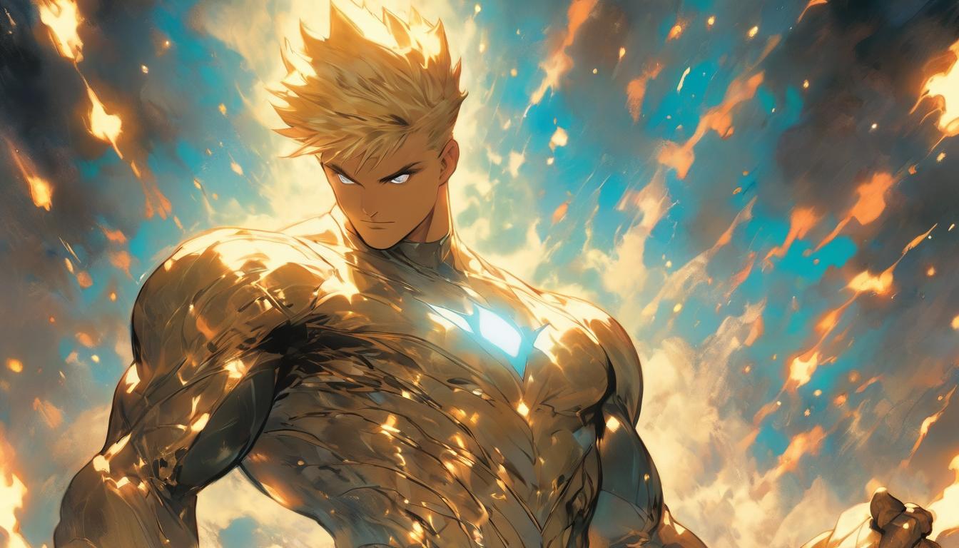  hyperrealism,fantasy aesthetic1man, handsome blonde arian male humanoid, holding a beacon of light, stars and nebulae in the background, illuminating path, high tech clothing clad in sleek, futuristic costume with metallic accents and form fitting designs, marvel superhero comics style, unreal engine rendering