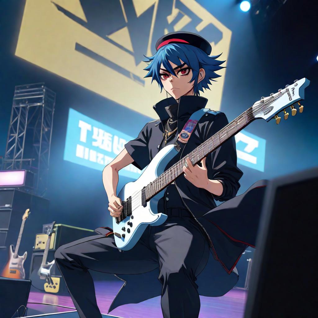  anime artwork Character, front, side views, full length with legs and all parts, concept art, a man with a beard playing a guitar, schecter km 6 guitar, 6 string guitar, head with hat, black sneakers on feet, tesseract, clayton crain, holding electric guitar, tattoed left hand, scenic full shot, a picture, by Kamisaka Sekka, pixiv contest winner, shin hanga, gorillaz album cover, detail shot, magazine scan, urusei yatsura, 2d, anime, extremely hyper detailed clothing, modest clothes, (extremely hyper detailed face), (masterpiece:1.4), (perfect eyes:1.1), (deep eyes), 32K HD, rough, intense look . anime style, key visual, vibrant, studio anime, highly detailed hyperrealistic, full body, detailed clothing, highly detailed, cinematic lighting, stunningly beautiful, intricate, sharp focus, f/1. 8, 85mm, (centered image composition), (professionally color graded), ((bright soft diffused light)), volumetric fog, trending on instagram, trending on tumblr, HDR 4K, 8K