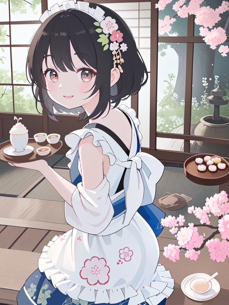  Japanese Painting Style, FRILL APRON, BARE SHOULDER, CARRY A TRAY, HAPPY SMILE, Japanese Cafe, Best Quality: 1.4, ULTRA DETALED EXTURE, Raw PhotOREALISTIC, Absurd Resolution, 8k Illustration, 💩: 1.0, 💩: 1., 💩, 💩, 💩, 💩,, masterpiece, best quality,8k,ultra detailed,high resolution,an extremely delicate and beautiful,hyper detail