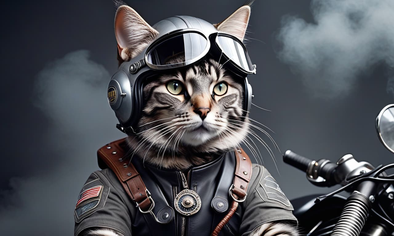  A battle ready gray tabby cat with scars on its face wearing a pilot's helmet sits on a motorcycle. hyperrealistic, full body, detailed clothing, highly detailed, cinematic lighting, stunningly beautiful, intricate, sharp focus, f/1. 8, 85mm, (centered image composition), (professionally color graded), ((bright soft diffused light)), volumetric fog, trending on instagram, trending on tumblr, HDR 4K, 8K